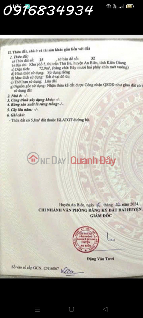 Chính chủ bán lô đất siêu đẹp tại Quốc lộ 63, An Biên, Kiên Giang, DT 72,9 m2, giá đầu tư _0