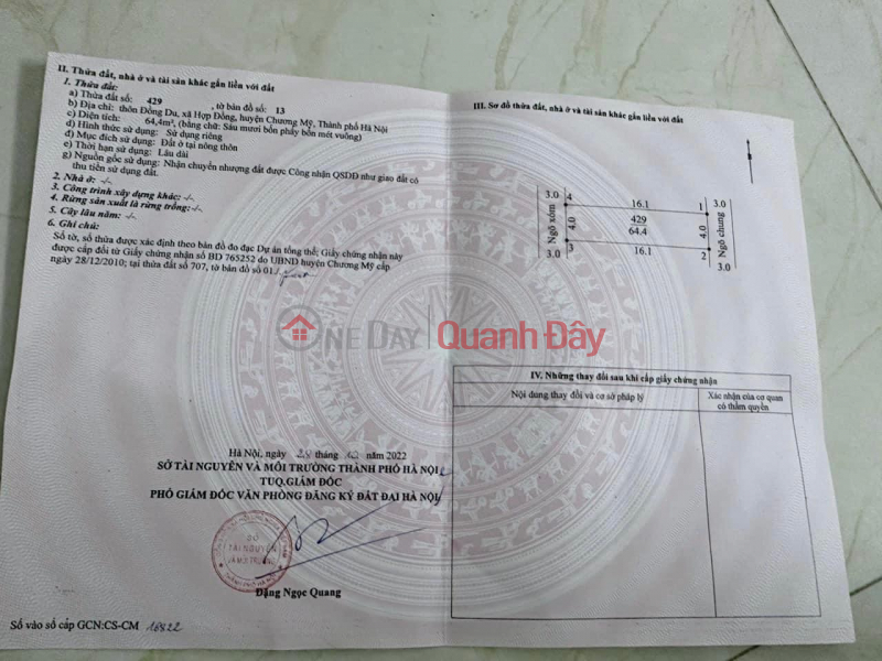 More than 1 billion lots of land with 2 sides of the road, CARs running around in Hop Dong, Chuong My. - Area: 64.4m - 2-sided lot Sales Listings