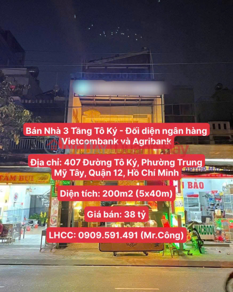 Chính Chủ Bán Nhà 3 Tầng Tô Ký - Đối diện ngân hàng Vietcombank và Agribank, Diện tích 200m2, giá chỉ 38 tỷ Niêm yết bán