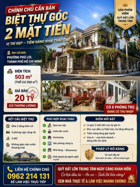 CHÍNH CHỦ CẦN BÁN CĂN Biệt Thự Góc 2 Mặt tiền 500 m2 Phường Phú Lợi, TP. Thủ Dầu Một, Bình Dương. _0
