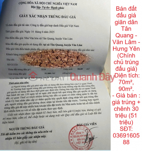 Bán đất đấu giá giãn dân Tân Quang - Văn Lâm - Hưng Yên (Chính chủ trúng đấu giá) _0