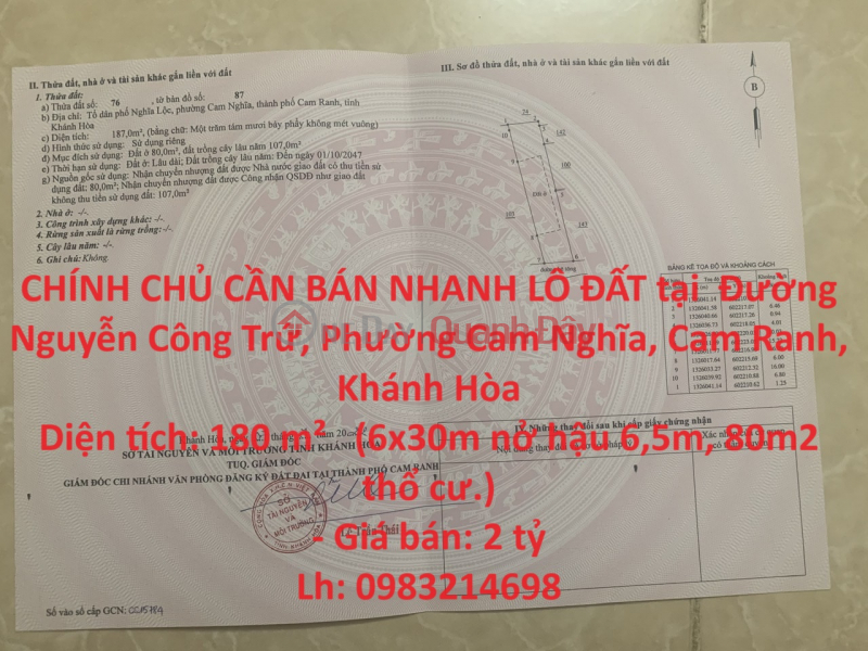 OWNER NEEDS TO SELL LAND LOT QUICKLY at Nguyen Cong Tru Street, Cam Nghia Ward, Cam Ranh, Khanh Hoa Sales Listings