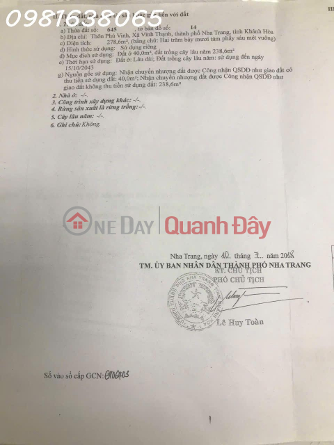 Hàng Hiếm Cần Bán, Phù Hợp Tách Thửa, Cách Đường Lương Định Của Chỉ 30m, Xã Vĩnh Thạnh, Khánh Hòa _0