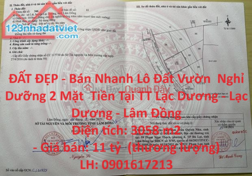 ĐẤT ĐẸP - Bán Nhanh Lô Đất Vườn Nghỉ Dưỡng 2 Mặt Tiền Tại TT Lạc Dương - Lạc Dương - Lâm Đồng Niêm yết bán