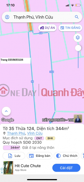 Property Search Vietnam | OneDay | Nhà ở Niêm yết bán | Bán 344m2 đất sổ riêng thổ cư xã Thạnh Phú,H.Vĩnh Cửu