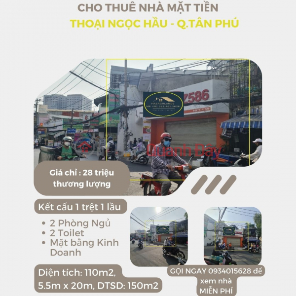 Cho thuê nhà Mặt Tiền Thoại Ngọc Hầu 110m2, 1 Lầu, 28 triệu, Gần NGÃ 4 Niêm yết cho thuê