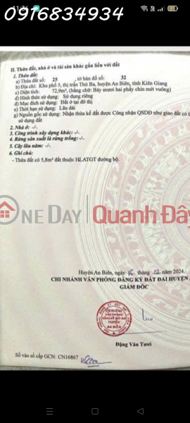 Property Search Vietnam | OneDay | Nhà ở | Niêm yết bán, Chính chủ bán lô đất siêu đẹp tại Quốc lộ 63, An Biên, Kiên Giang, DT 72,9 m2, giá đầu tư