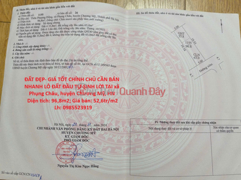 ĐẤT ĐẸP- GIÁ TỐT CHÍNH CHỦ CẦN BÁN NHANH LÔ ĐẤT ĐẦU TƯ SINH LỜI TẠI huyện Chương Mỹ, tp Hà Nội Niêm yết bán