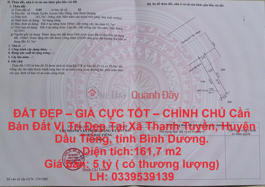 ĐẤT ĐẸP – GIÁ CỰC TỐT – CHÍNH CHỦ Cần Bán Đất Vị Trí Đẹp Tại Dầu Tiếng, Bình Dương. Niêm yết bán