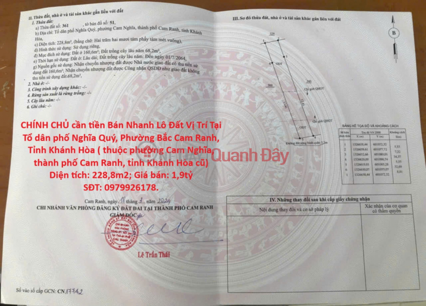 GOOD PRICE - OWNER needs money to sell quickly Land Lot Location in Bac Cam Ranh Ward, Khanh Hoa Province Sales Listings