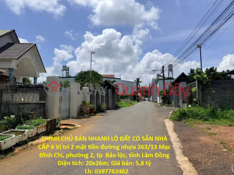 CHÍNH CHỦ BÁN NHANH LÔ ĐẤT CÓ SẮN NHÀ CẤP 4 Vị trí 2 mặt tiền đường nhựa tp Bảo Lộc tỉnh Lâm Đồng _0