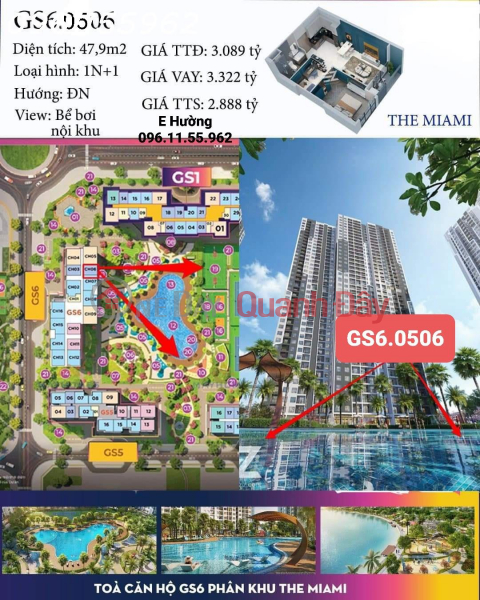 Property Search Vietnam | OneDay | Nhà ở | Niêm yết bán, Bán Căn 1PN+1 The Miami GS6 Tầng 05 Căn 06 - Siêu VIP - View Nội Khu - Hướng Đông Nam.