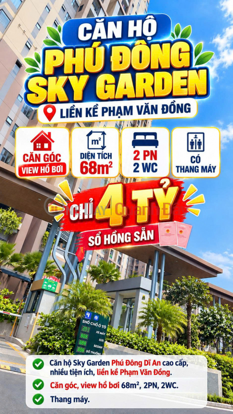 Bán căn góc CC Phú Đông Sky Garden Phạm Văn Đồng 68m2 2PN Sổ sẵn 4tỷ _0