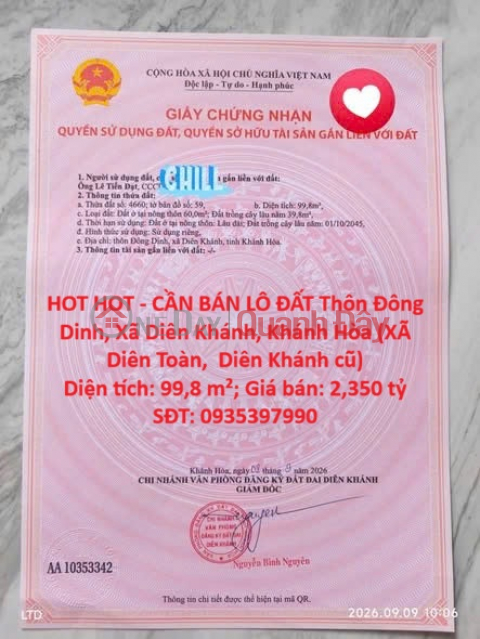 HOT HOT - CẦN BÁN LÔ ĐẤT Thôn Đông Dinh, Xã Diên Khánh, Khánh Hòa (XÃ Diên Toàn, Diên Khánh cũ) _0