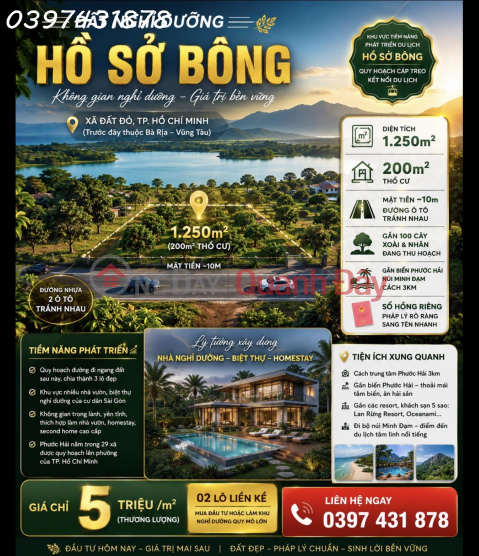 Land for sale in Ho So Bong resort area, Long My, Ba Ria Vung Tau, area 1250 m2, investment price. _0