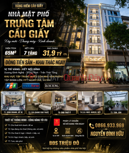 MẶT PHỐ TRUNG TÂM CẦU GIẤY – XÂY MỚI – 7 TẦNG THANG MÁY – DÒNG TIỀN SẴN Niêm yết bán