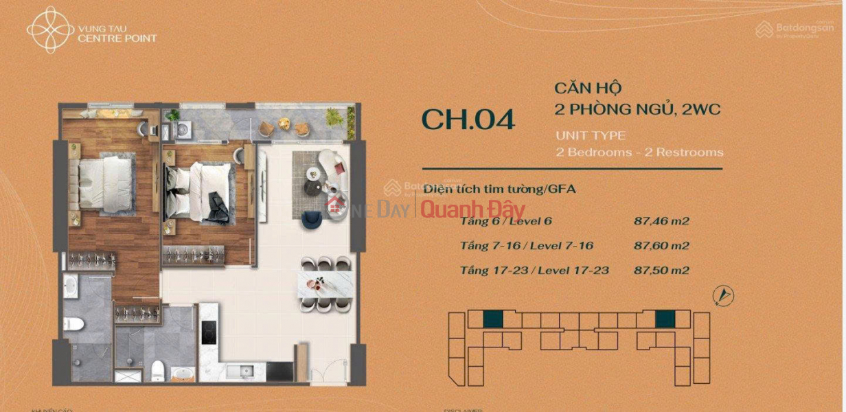 Bán căn hộ 2PN, 2WC - 87 m2 View đông nam - full nội thất , giá 4,75 tỷ, - Vung Tau Centre Niêm yết bán
