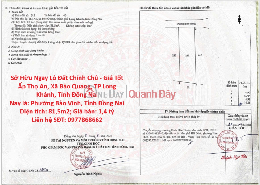 Sở Hữu Ngay Lô Đất Chính Chủ - Giá Tốt Ấp Thọ An, Xã Bảo Quang, TP Long Khánh, Tỉnh Đồng Nai Niêm yết bán