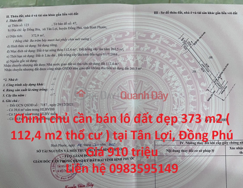 Chính chủ cần bán lô đất đẹp 373 m2 ( 112,4 m2 thổ cư ) tại Tân Lợi, Đồng Phú Niêm yết bán