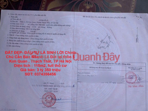 ĐẤT ĐẸP- ĐẦU TƯ LÀ SINH LỜI Chính Chủ Cần Bán Nhanh Lô Đất tại Kim Quan, Thạch Thất, TP Hà Nội _0