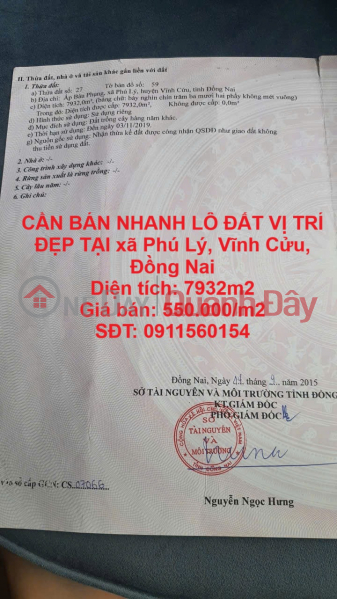 QUICK SALE OF LAND IN A GOOD LOCATION IN Phu Ly Commune, Vinh Cuu, Dong Nai Sales Listings