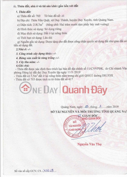 Property Search Vietnam | OneDay | Nhà ở | Niêm yết bán, CHÍNH CHỦ Cần Bán Đất Tại Thôn Vân Quật, Xã Duy Thành, Huyện Duy Xuyên , tỉnh Quảng Nam.