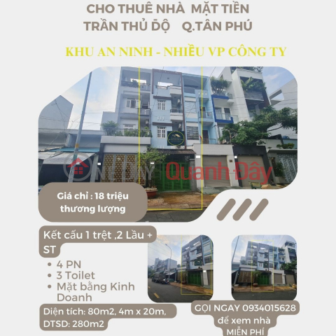 Cho thuê nhà mặt tiền Trần Thủ Độ 80m2, 2Lầu+ST, 18Triệu _0