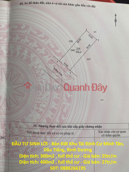 PROFITABLE INVESTMENT - Land for Sale in Minh Tan Resettlement Area, Dau Tieng, Binh Duong Sales Listings