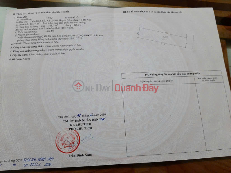 LAND FOR SALE 105.7M2 IN NO UY NO GLASS, DONG ANH - ACCESSIBLE FOR 7-SEAT CARS - PRICE 6X Sales Listings