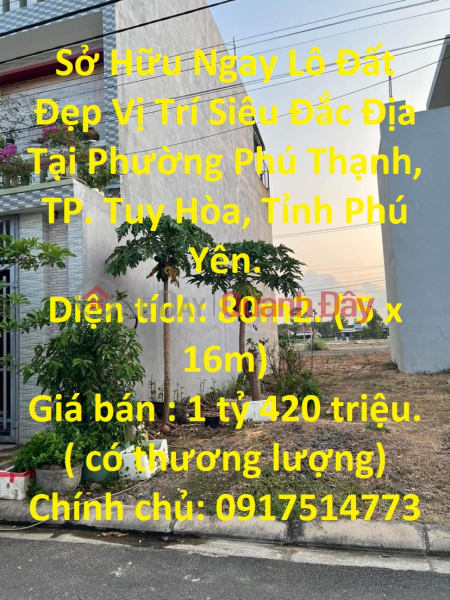 Own a Beautiful Land Lot Super Prime Location In Phu Thanh Ward, City. Tuy Hoa, Phu Yen Province. Sales Listings