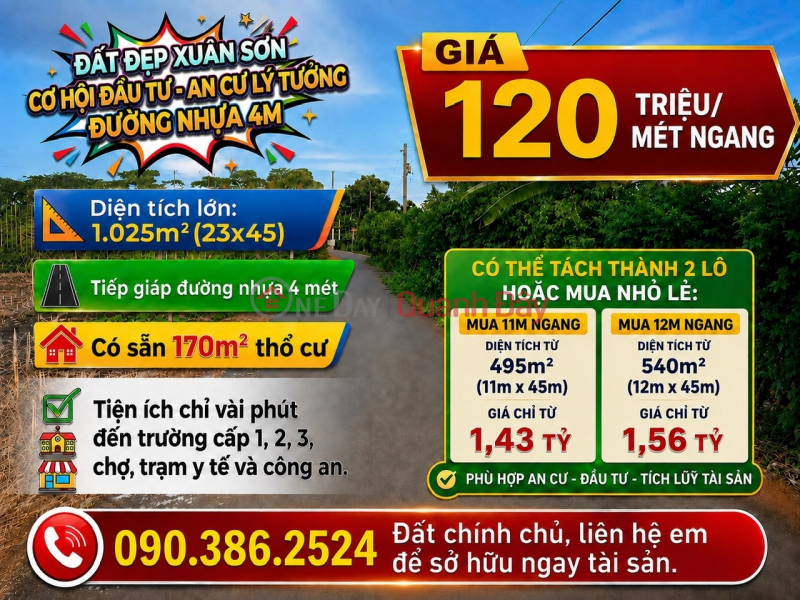 Owner selling land in Xuan Son, Ho Chi Minh City - 1,025m2, road frontage, 170m2 of residential land already available. Sales Listings