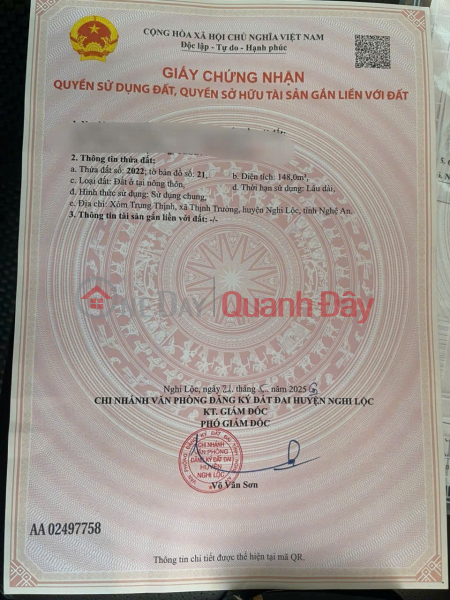 PRIME LAND – GOOD PRICE – OWNER SELLING In Trung Thinh Hamlet, Thinh Truong Commune, Nghi Loc District, Nghe An Province Sales Listings