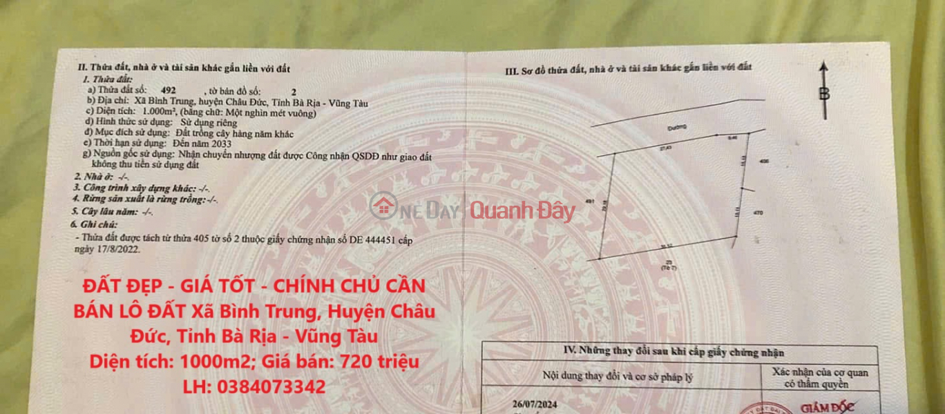 ĐẤT ĐẸP - GIÁ TỐT - CHÍNH CHỦ CẦN BÁN LÔ ĐẤT Xã Bình Trung, Huyện Châu Đức, Tỉnh Bà Rịa - Vũng Tàu Niêm yết bán