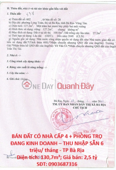 BÁN ĐẤT CÓ NHÀ CẤP 4 + PHÒNG TRỌ ĐANG KINH DOANH – THU NHẬP SẴN 6 triệu/ tháng - TP Bà Rịa _0