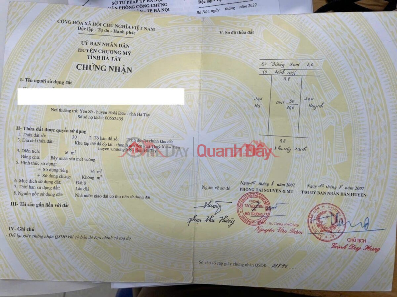 đ 1,6 tỷ, CHÍNH CHỦ BÁN LÔ ĐẤT 76M TẠI THỦY XUÂN TIÊN-CHƯƠNG MỸ-HÀ NỘI