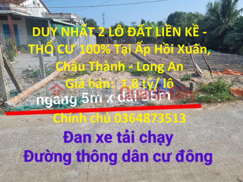 DUY NHẤT 2 LÔ ĐẤT LIỀN KỀ - THỔ CƯ 100% Tại Ấp Hồi Xuân, Châu Thành - Long An _0