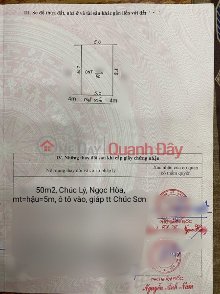 Consignment for sale of 50m2, only 1.x billion, at Chuc Ly, Ngoc Hoa, Chuong My, Hanoi, car entry Sales Listings