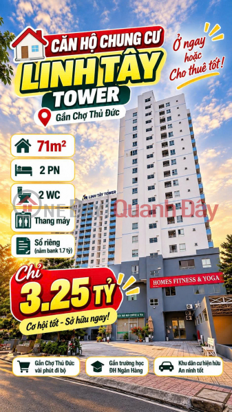 Apartment for sale at Linh Tay Tower near Thu Duc Market, 71m2, 2 bedrooms, 2 bathrooms, with title deed, only 3.25 billion VND. Sales Listings
