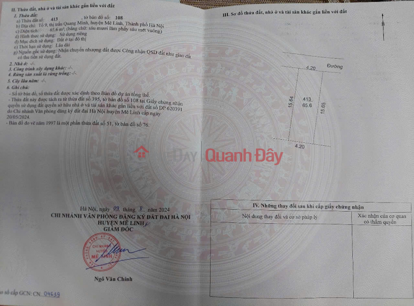 Land for sale in Ap Tre village, Quang Minh commune, Me Linh. Road is clear, cars can park, near Quang Minh Industrial Park. Sales Listings