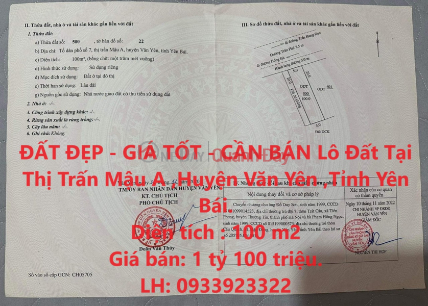 ĐẤT ĐẸP - GIÁ TỐT - CẦN BÁN Lô Đất Tại Văn Yên,Yên Bái. Niêm yết bán