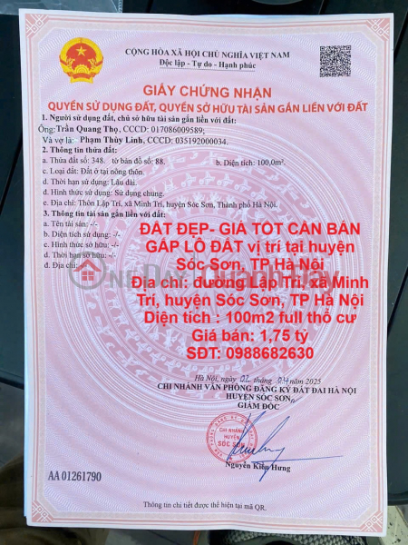 BEAUTIFUL LAND - GOOD PRICE, URGENTLY NEED TO SELL LAND LOT located in Soc Son district, Hanoi city Sales Listings