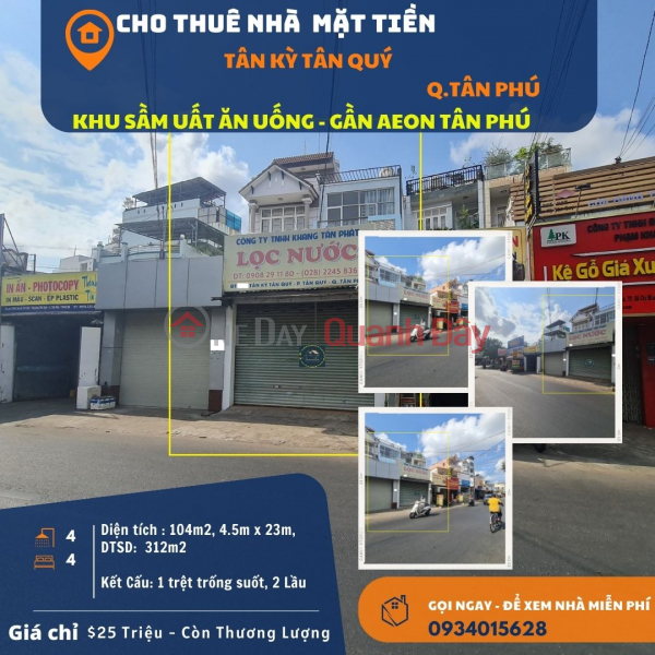 Cho thuê nhà mặt tiền Tân Kỳ Tân Quý 104m2, 2Lầu+ST, 25Triệu - Gần AEON Niêm yết cho thuê