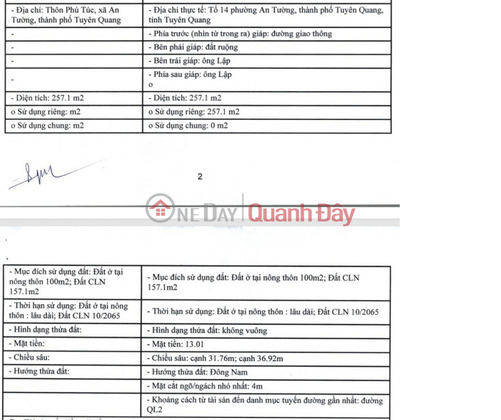 Bán gấp đất phường An Tưởng, TP Tuyên Quang, 257.1m2, MT 13m, miễn TG Việt Nam, Bán đ 993 triệu