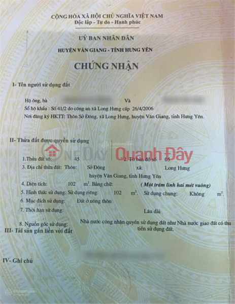 F0 - LÔ ĐẤT CHÍNH CHỦ - 102M2 Thôn Sở Đông, Xã Long Hưng, Huyện Văn Giang, Hưng Yên, Việt Nam | Bán đ 8,16 tỷ