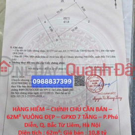 HÀNG HIẾM – CHÍNH CHỦ CẦN BÁN – 62M² VUÔNG ĐẸP – GPXD 7 TẦNG – P.Phú Diễn, Q. Bắc Từ Liêm, Hà Nội _0