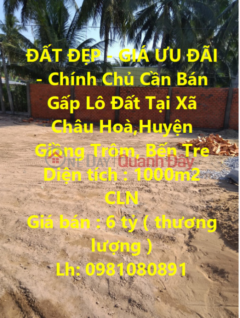 BEAUTIFUL LAND - OFFER PRICE - Owner Needs Urgent Sale Land Lot In Chau Hoa Commune, Giong Trom District, Ben Tre _0