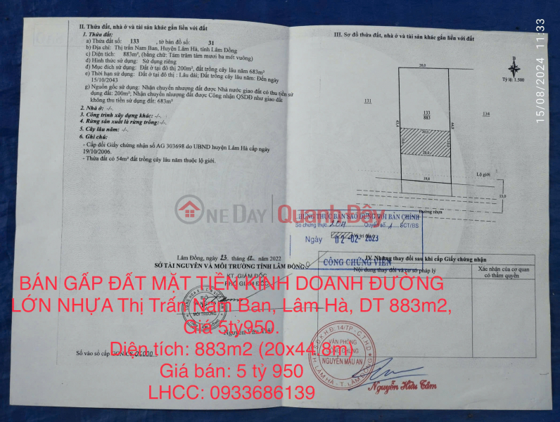 URGENT SALE OF LAND WITH BUSINESS FRONTAGE ON BIG ASPHALT ROAD, Nam Ban Town, Lam Ha, Area 883m2, Price 5.95 billion Sales Listings