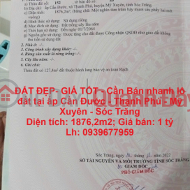 BEAUTIFUL LAND - GOOD PRICE - Need to sell quickly a plot of land in Can Duoc Hamlet - Thanh Phu - My Xuyen - Soc Trang _0