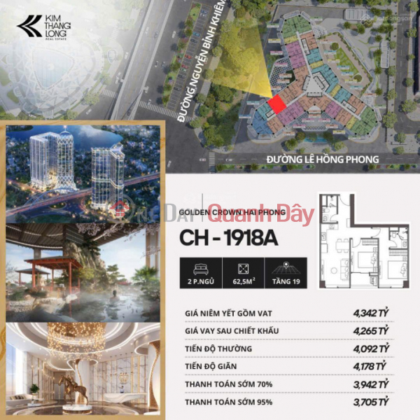 Selling 2-bedroom, 2-bathroom apartment at a great price at Golden Crown Hai Phong from only 3.7 billion (TTS 95%) - Area 62.5 m2 Sales Listings