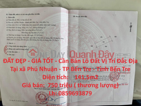 ĐẤT ĐẸP - GIÁ TỐT - Cần Bán Lô Đất Vị Trí Đắc Địa Tại xã Phú Nhuận - TP Bến Tre - Tỉnh Bến Tre _0